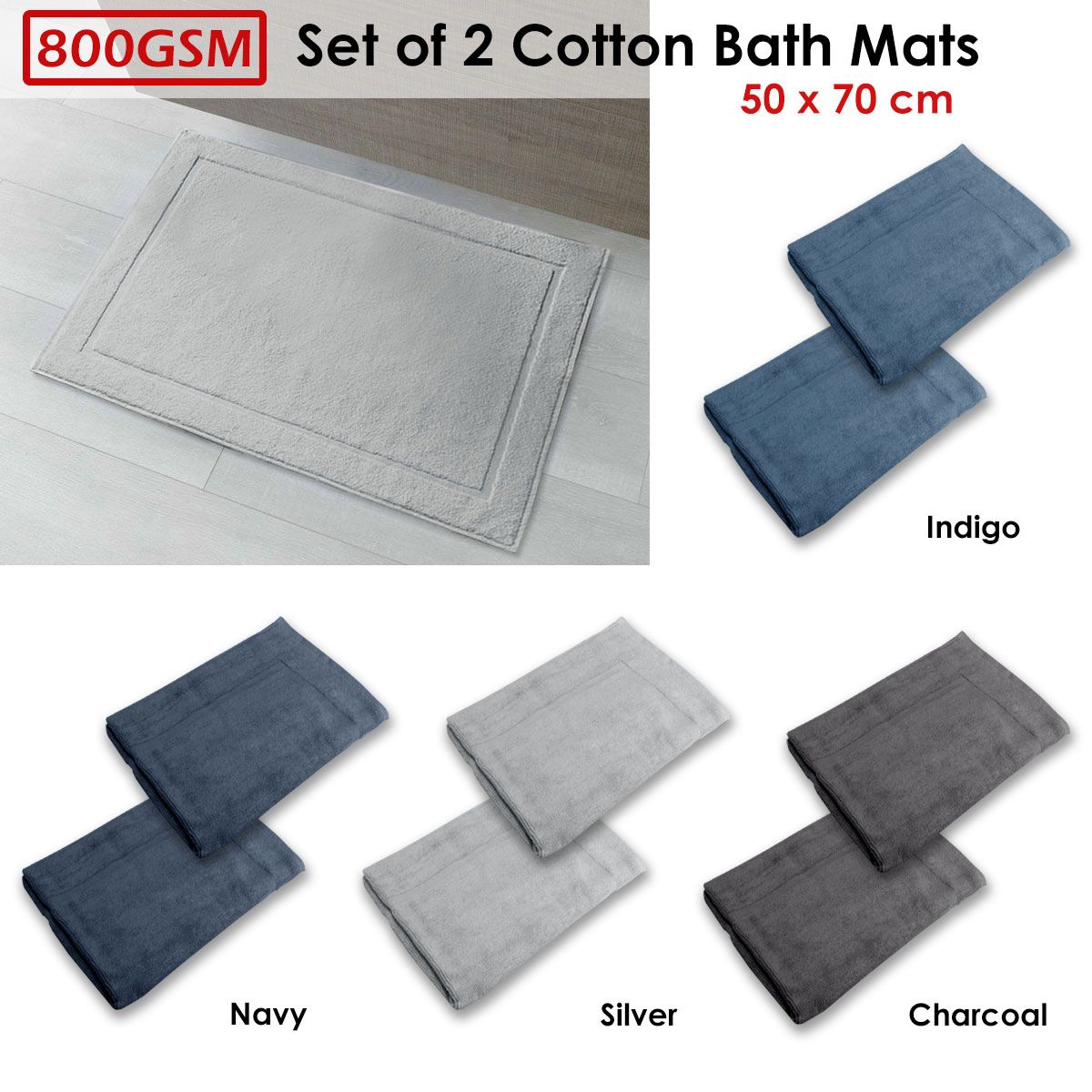 800GSM Set of 2 Cotton Bath Mats 50 x 70 cm Charcoal