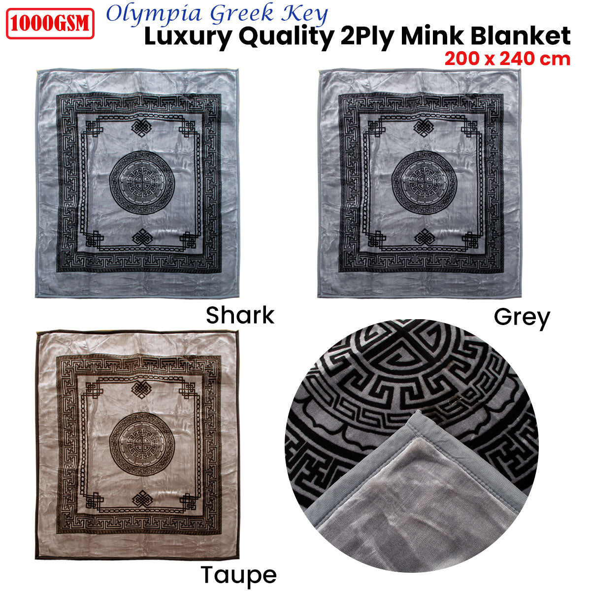 1000GSM Olympia Greek Key Luxury Quality 2 Ply Mink Blanket Queen Grey V442-ATX-BLANKET-1000GSMOLYMPIA-GREY-QS