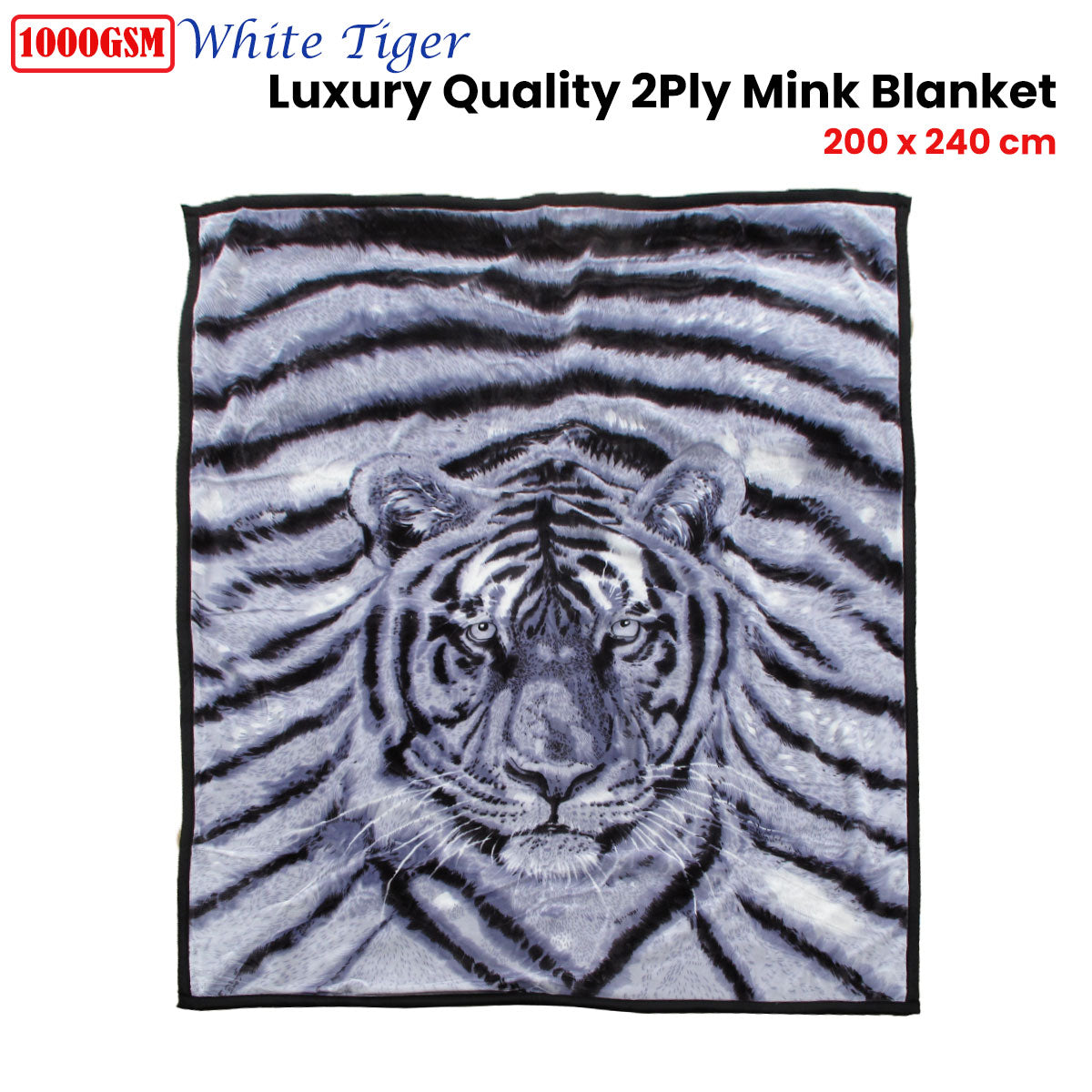 1000GSM White Tiger Luxury Quality 2 Ply Mink Blanket 200 x 240 cm V442-ATX-BLANKET-1000GSMTIGER-WHITE-QS