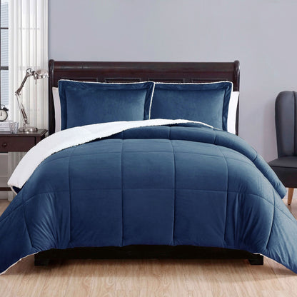 3 Piece Ultra-soft Micro Mink Comforter Set Queen with Sherpa Reverse Navy Blue V442-ATX-COMFORTER-3PIECEMICROMINK-NAVY-QS