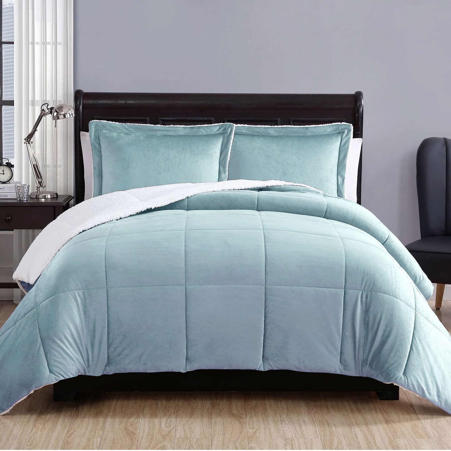 3 Piece Ultra-soft Micro Mink Comforter Set Queen with Sherpa Reverse Sky V442-ATX-COMFORTER-3PIECEMICROMINK-SKY-QS