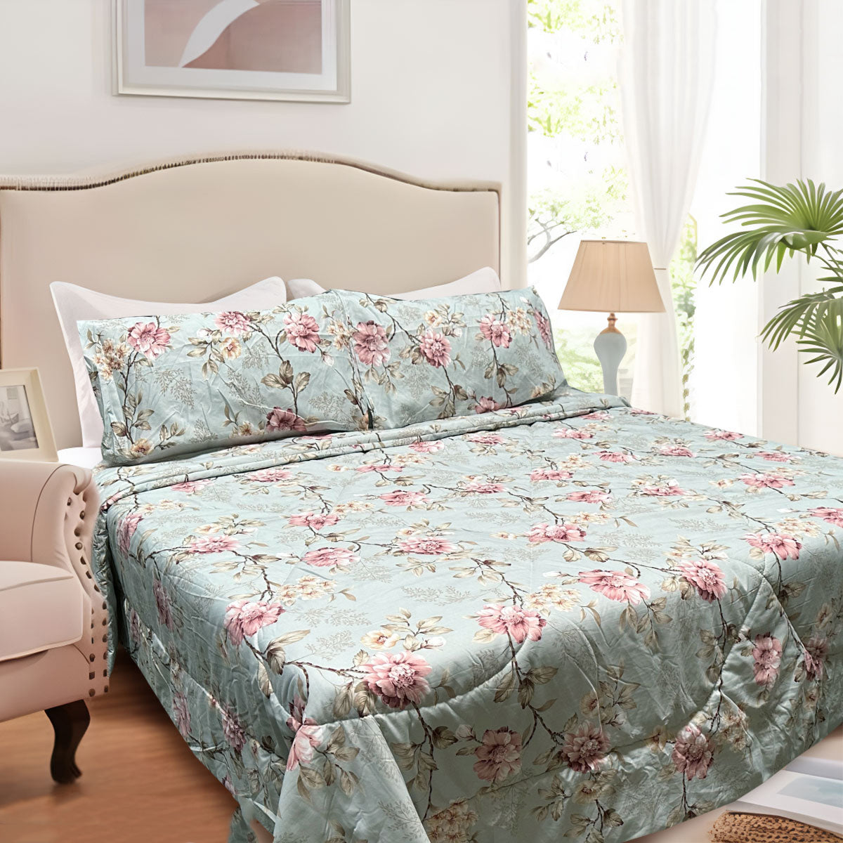 Hotel Living 3 Pce Light Weight Comforter Set Queen/King Corbett Floral Vintage V442-ATX-COMFORTER-CORBETTC3-LIGHTBLUE-QS