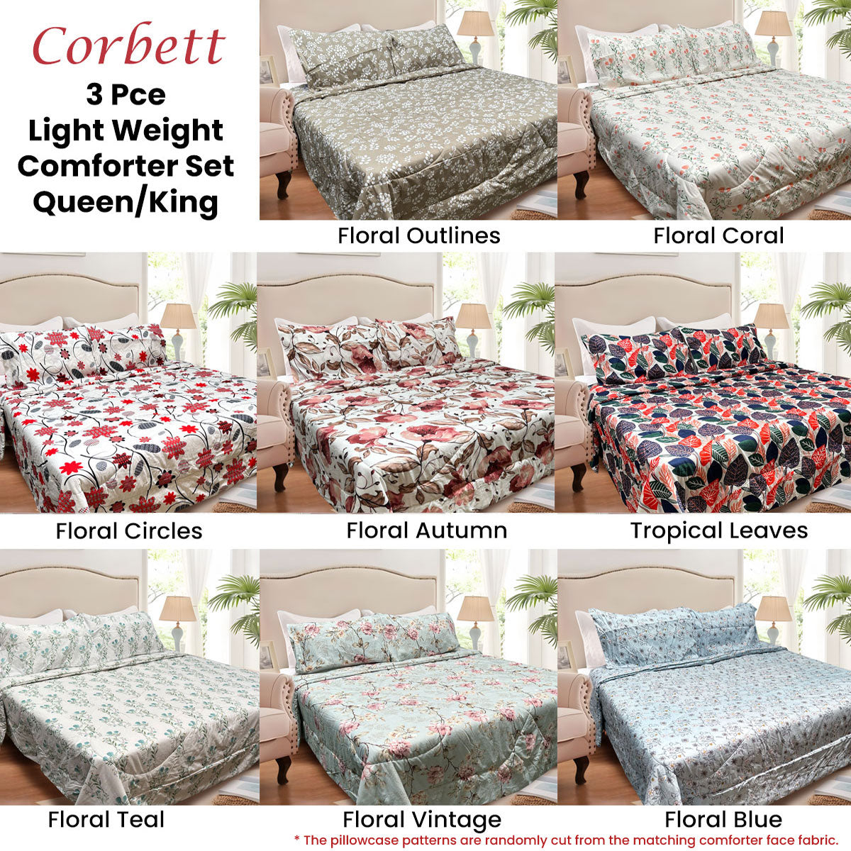 Hotel Living 3 Pce Light Weight Comforter Set Queen/King Corbett Floral Vintage V442-ATX-COMFORTER-CORBETTC3-LIGHTBLUE-QS
