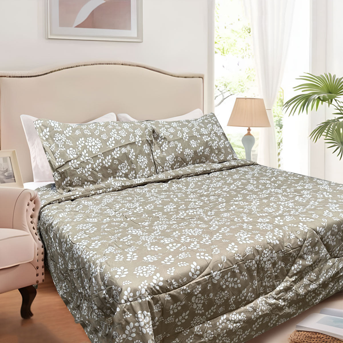 Hotel Living 3 Pce Light Weight Comforter Set Queen/King Corbett Floral Outlines V442-ATX-COMFORTER-CORBETTC6-KHAKI-QS