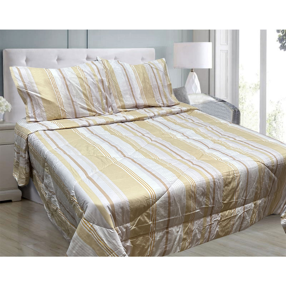 Hotel Living 3 Pce Light Weight Comforter Set Queen/King Oscar Stripes V442-ATX-COMFORTER-OSCARO3-LIGHTGOLD-QS