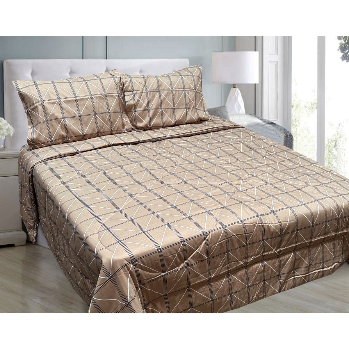 Hotel Living 3 Pce Light Weight Comforter Set Queen/King Oscar Chevron Checkers V442-ATX-COMFORTER-OSCARO4-MOCHA-QS