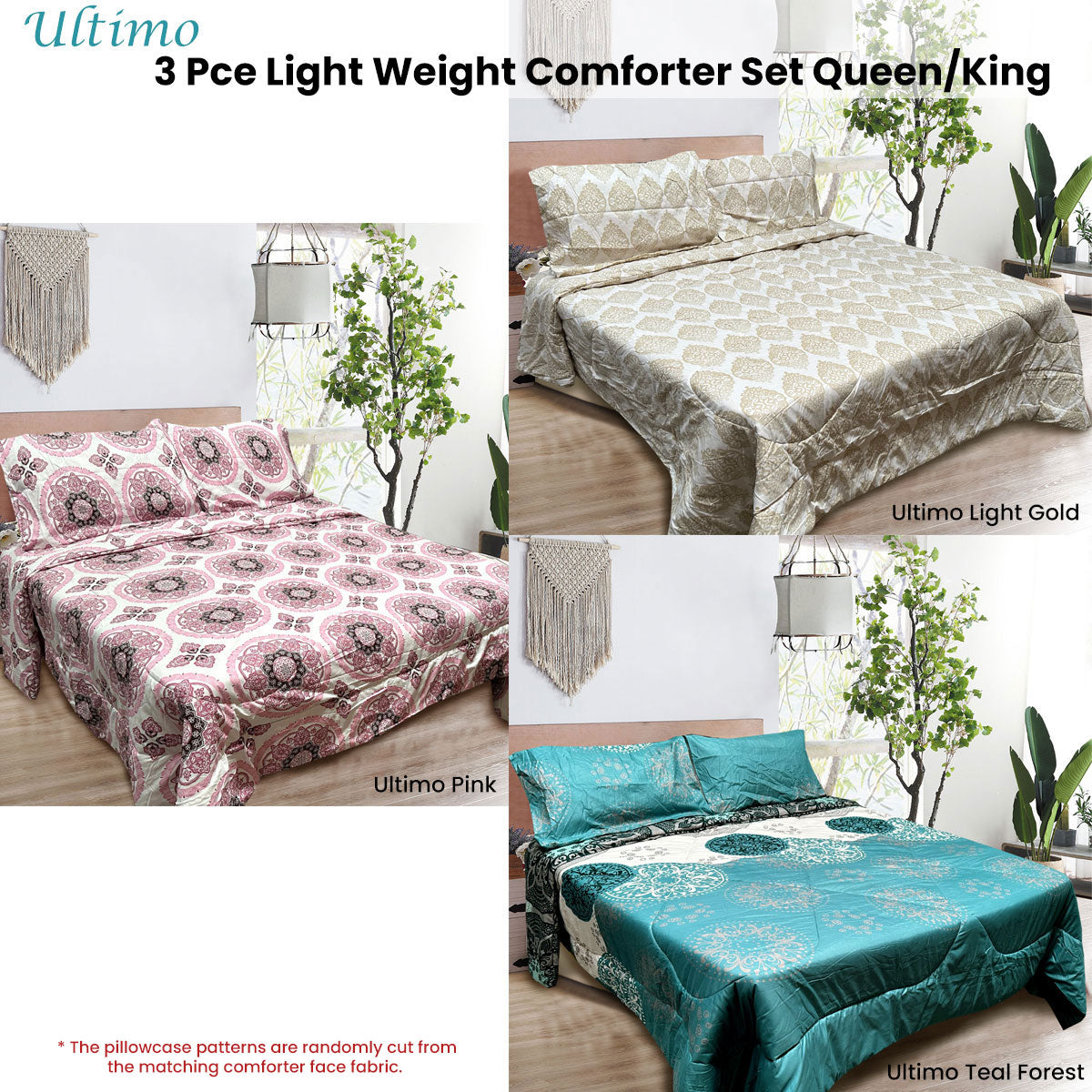 Hotel Living 3 Pce Light Weight Comforter Set Queen/King Ultimo Light Gold V442-ATX-COMFORTER-ULTIMOU2-LIGHTGOLD-QS