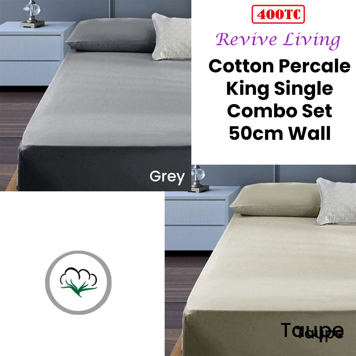 400TC Cotton Percale King Single Combo Set 50cm Wall Grey V442-ATX-FITTEDSS-400TCCOTTON-GREY-KS
