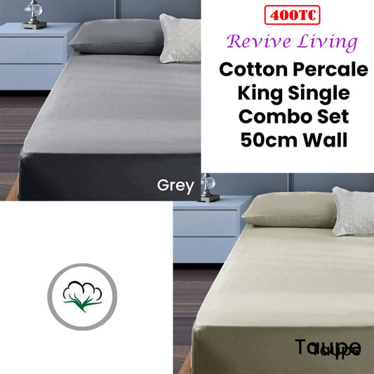 400TC Cotton Percale King Single Combo Set 50cm Wall Grey V442-ATX-FITTEDSS-400TCCOTTON-GREY-KS