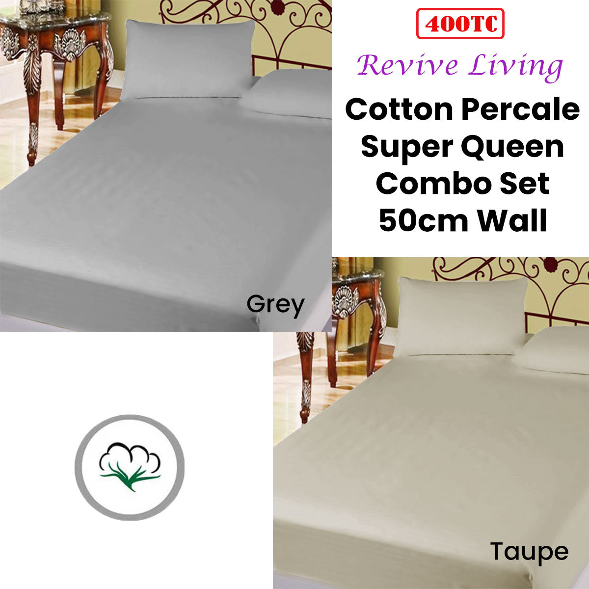 400TC Cotton Percale Super Queen Combo Set 50cm Wall Grey V442-ATX-FITTEDSS-400TCCOTTON-GREY-SQ