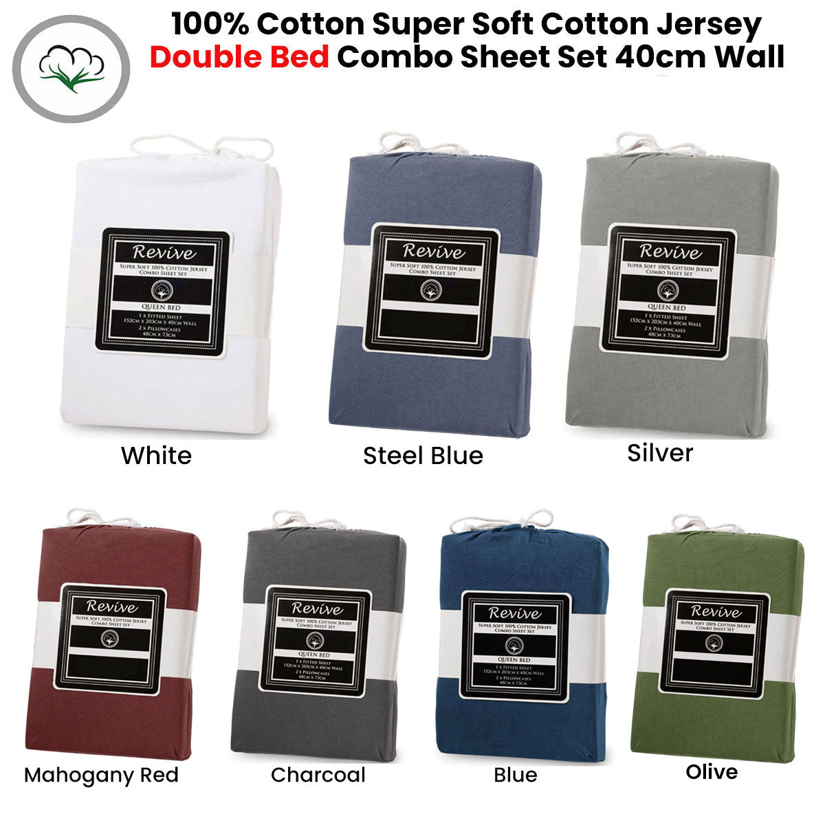 Revive Blue 100% Cotton Jersey Super Soft Fitted Sheet Combo Set Double 38cm Wall V442-ATX-FITTEDSS-COTTONJERSEY-BLUE-DS