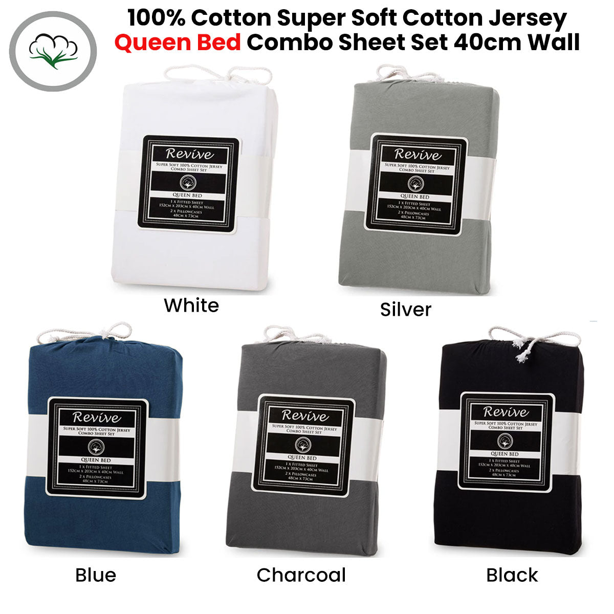 Revive 100% Cotton Jersey Combo Set White Queen V442-ATX-FITTEDSS-COTTONJERSEY-WHITE-QS