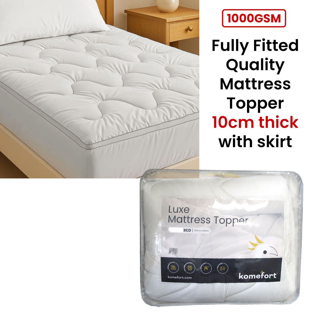 1000GSM Luxe Fully Fitted Mattress Topper 10cm thick with Fitted Skirt Queen V442-ATX-MATTRESST-1000GSMLUXE-WHITE-QS