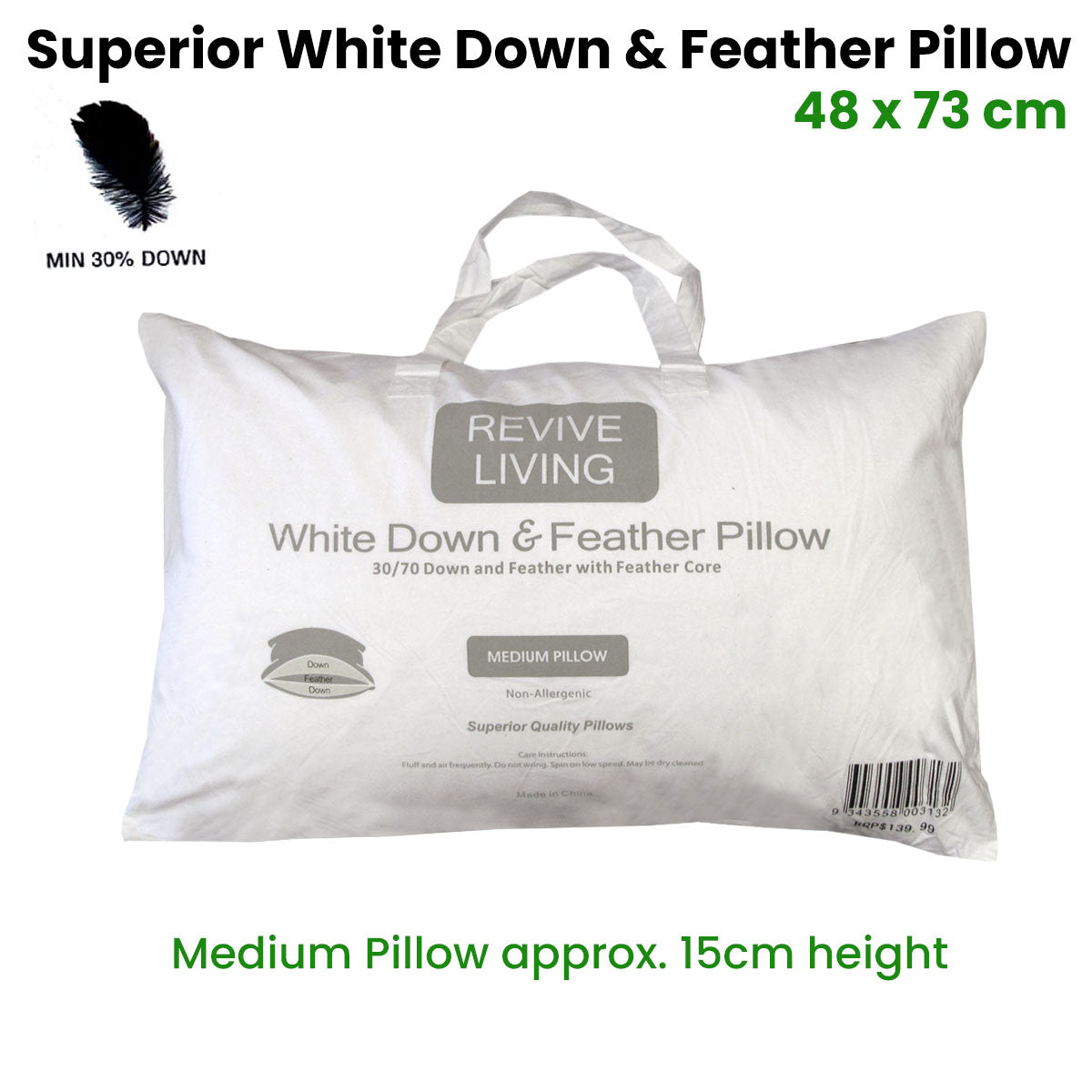 70% Feather 30% Down Superior Medium Standard Pillow 48 x 73 cm V442-ATX-PILLOW-FEATHERDOWN-WHITE-ST