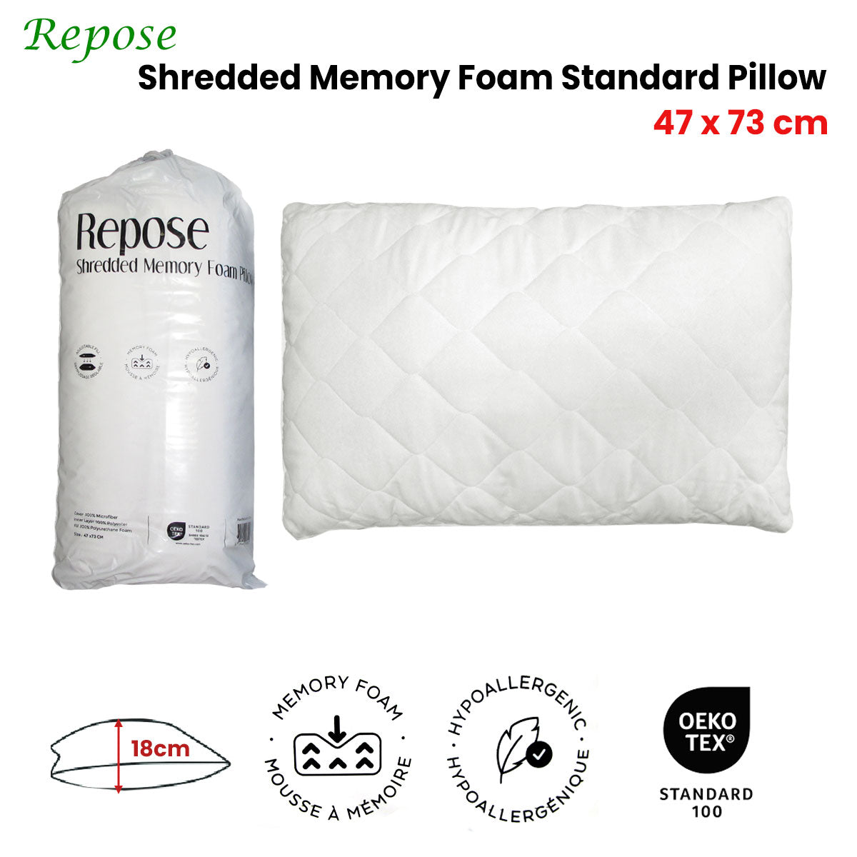 Repose Shredded Memory Foam Standard Pillow 47x73cm V442-ATX-PILLOW-SHREDDEDFOAM-WHITE-ST