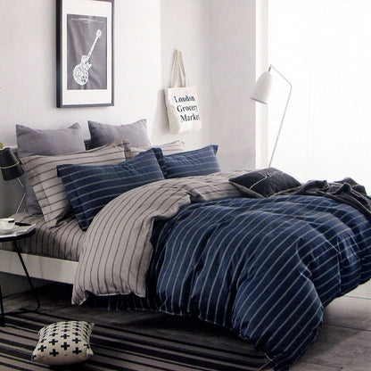 300TC Brian Navy Striped Reversible Cotton Quilt Cover Set Queen V442-ATX-QUILTCS-300TCBRIAN-NAVY-QS