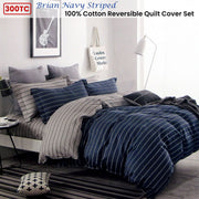 300TC Brian Navy Striped Reversible Cotton Quilt Cover Set Queen V442-ATX-QUILTCS-300TCBRIAN-NAVY-QS