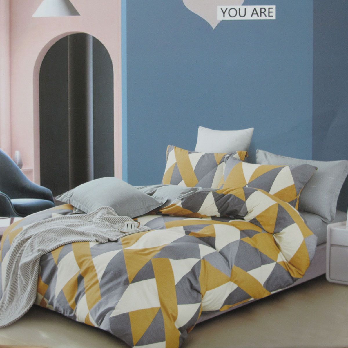 300TC Geo Mustard Reversible Cotton Geometric Quilt Cover Set Queen V442-ATX-QUILTCS-300TCGEO-MUSTARD-QS
