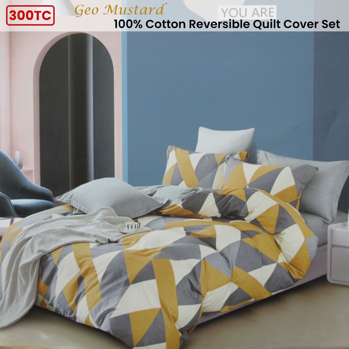300TC Geo Mustard Reversible Cotton Geometric Quilt Cover Set Queen V442-ATX-QUILTCS-300TCGEO-MUSTARD-QS