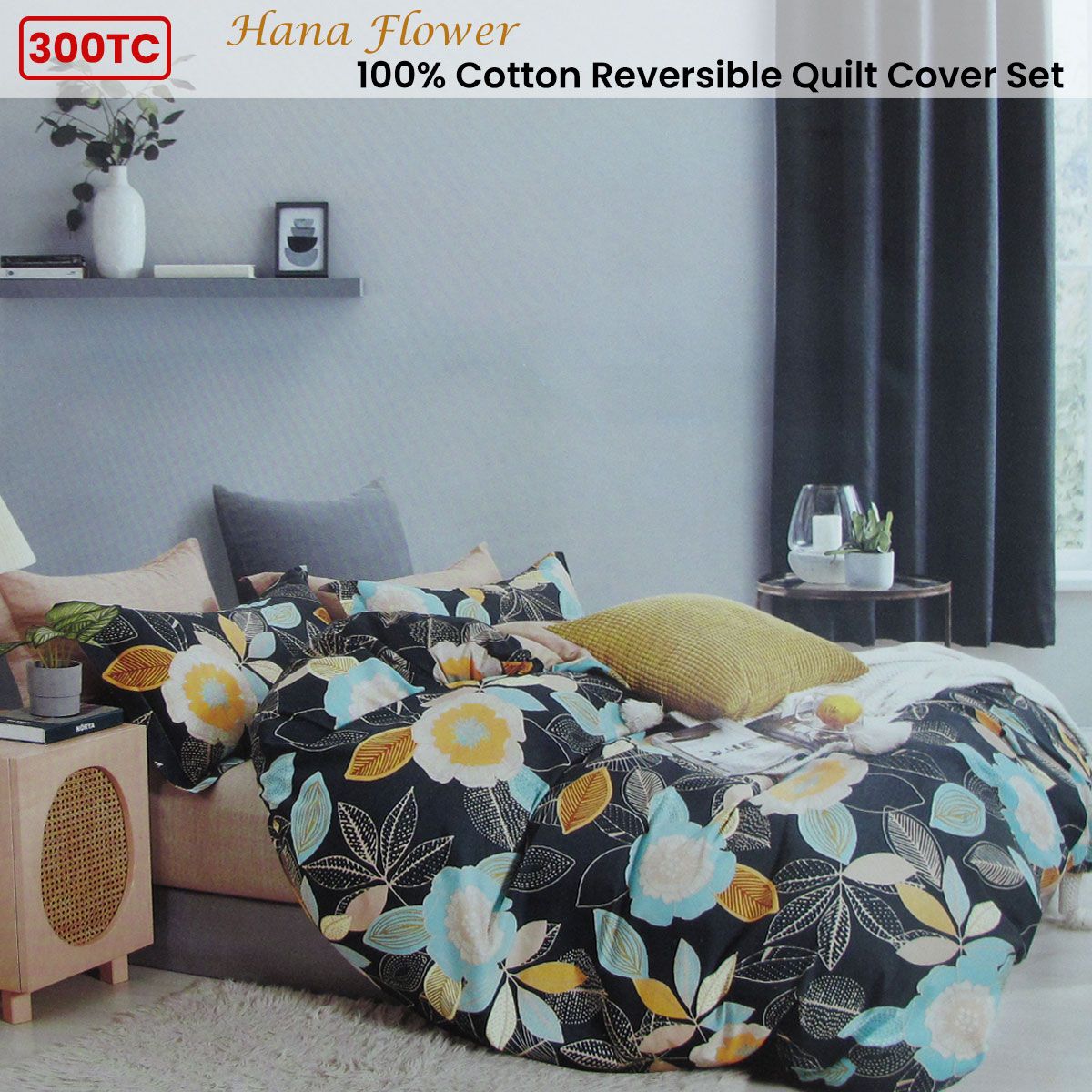 300TC Hana Flower Multi Reversible Cotton Floral Quilt Cover Set Queen V442-ATX-QUILTCS-300TCHANAFLOWER-MULTI-QS
