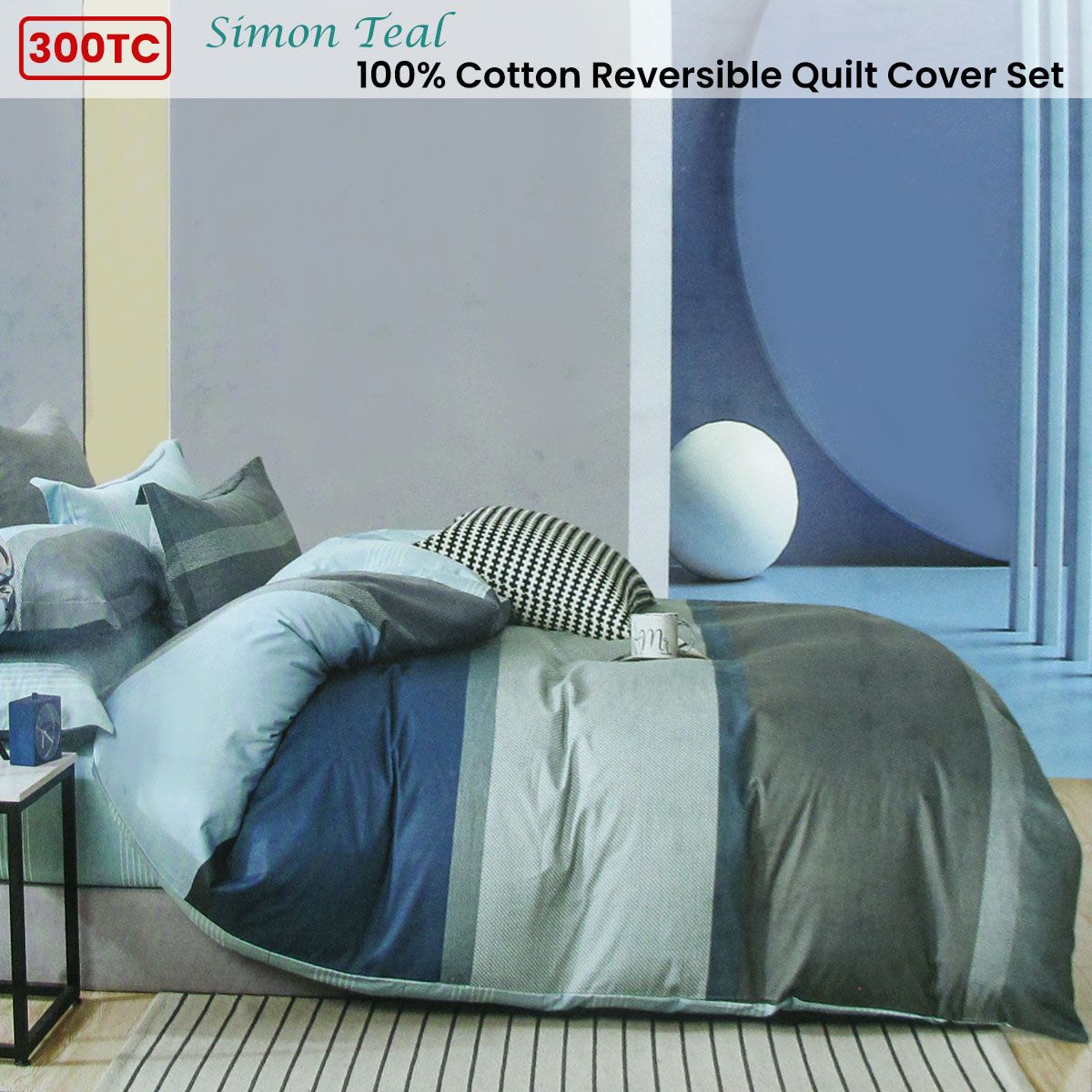 300TC Simon Teal Reversible Cotton Stripes Quilt Cover Set Queen V442-ATX-QUILTCS-300TCSIMON-TEAL-QS