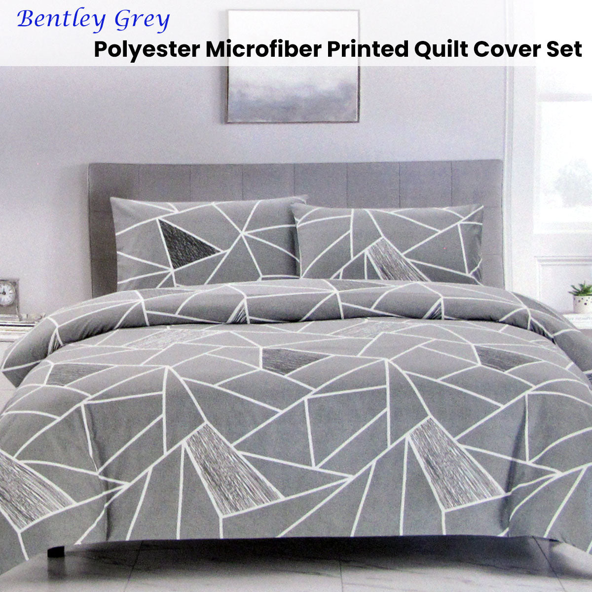 Artex Bentley Grey Quilt Cover Set Geometric Pattern Reversible Printed Microfiber Polyester Queen V442-ATX-QUILTCS-BENTLEY-GREY-QS