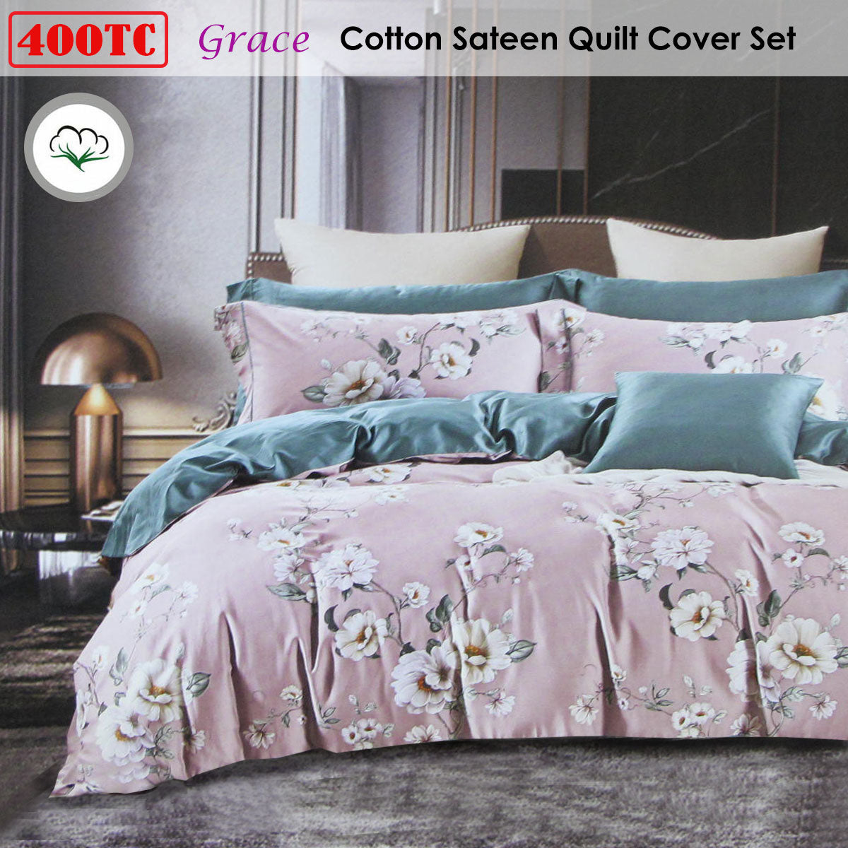400TC Cotton Sateen Quilt Cover Set Grace King V442-ATX-QUILTCS-GRACE-PINK-KI
