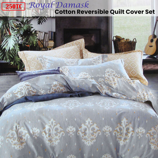 250TC Royal Damask Cotton Quilt Cover Set Queen V442-ATX-QUILTCS-ROYALDAMASK-GREY-QS
