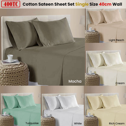 400TC 100% Cotton Sateen Premium Sheet Set 40cm Wall Mocha Single V442-ATX-SHEETS-25COTTON400TC-MOCHA-SB