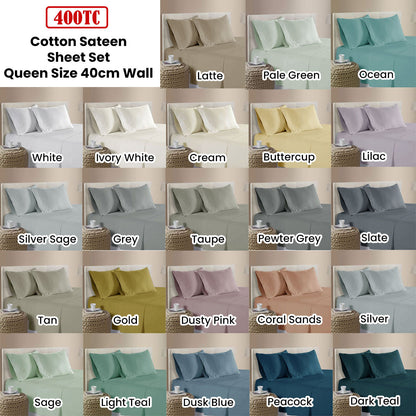 400TC 100% Cotton Sateen Premium Sheet Set 40cm Wall Sage Queen V442-ATX-SHEETS-25COTTON400TC-SAGE-QS