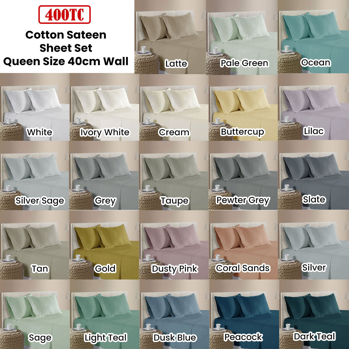 400TC 100% Cotton Sateen Premium Sheet Set 40cm Wall Tan Queen V442-ATX-SHEETS-25COTTON400TC-TAN-QS