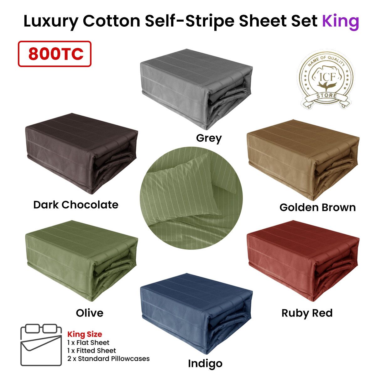 Grey 800TC Luxury Cotton Self-Stripe Sheet Set King 40 cm Wall King V442-ATX-SHEETS-800TCSELFSTRIPE-GREY-KI