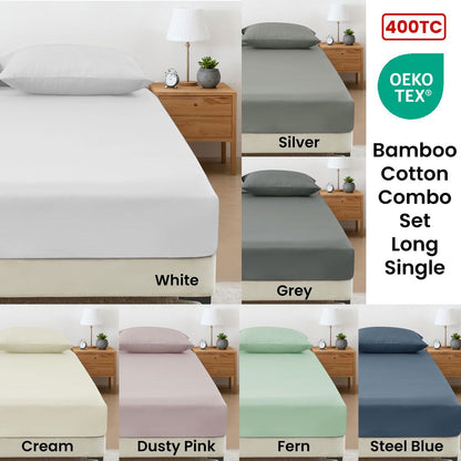 400TC Bamboo Cotton Fitted Sheet with Pillowcase Set Long Single Size 40cm Wall Grey V442-ATX-SHEETS-BAMBOOCOTTON400TC-GREY-LS
