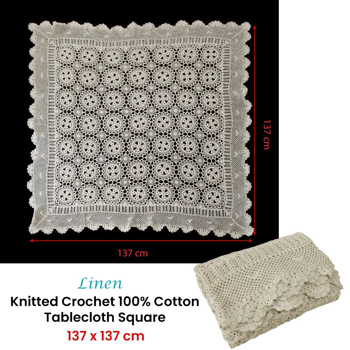 Linen Knitted Crochet Cotton Tablecloth Square 137 x 137cm Scalloped Edge 4-Seater V442-ATX-TABLEC-CROCHETCOTTON-LINEN-SQ
