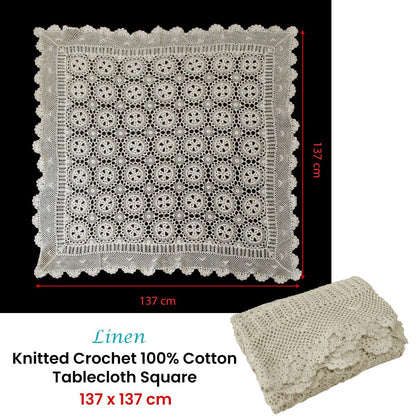 Linen Knitted Crochet Cotton Tablecloth Square 137 x 137cm Scalloped Edge 4-Seater V442-ATX-TABLEC-CROCHETCOTTON-LINEN-SQ