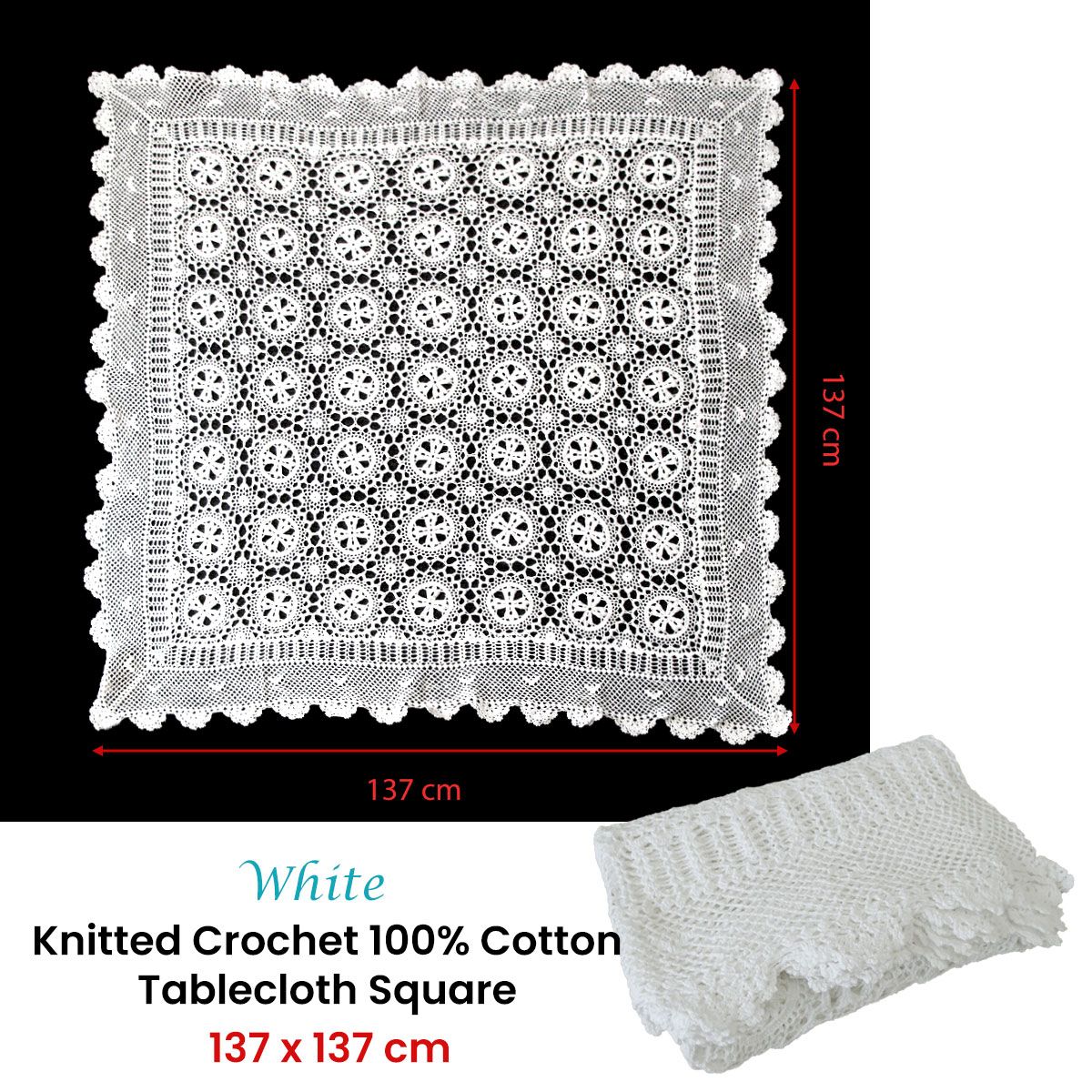 White Knitted Crochet Cotton Tablecloth Square 137 x 137 cm Scalloped Edging 4-Seater V442-ATX-TABLEC-CROCHETCOTTON-WHITE-SQ