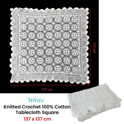 White Knitted Crochet Cotton Tablecloth Square 137 x 137 cm Scalloped Edging 4-Seater V442-ATX-TABLEC-CROCHETCOTTON-WHITE-SQ