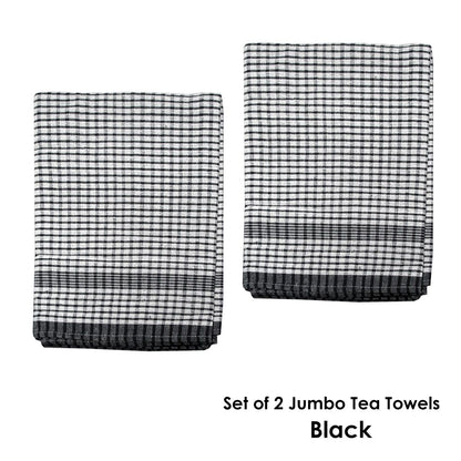 Hotel Living Set of 2 Jumbo Cotton Check Tea Towels 60x90cm Black V442-ATX-TEAT-SETOF2JUMBOTEA-BLACK-RE