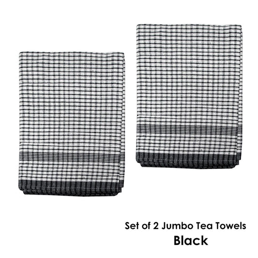 Hotel Living Set of 2 Jumbo Cotton Check Tea Towels 60x90cm Black V442-ATX-TEAT-SETOF2JUMBOTEA-BLACK-RE