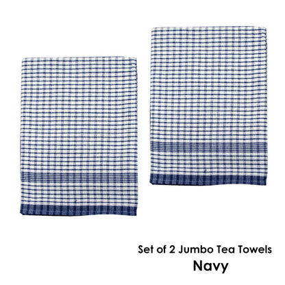Hotel Living Set of 2 Jumbo Cotton Check Tea Towels 60x90cm Navy