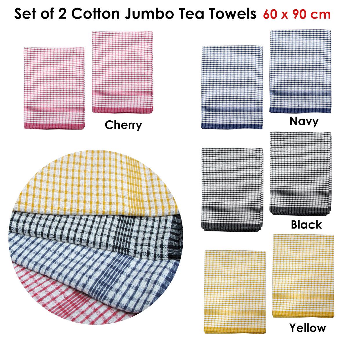 Hotel Living Set of 2 Jumbo Cotton Check Tea Towels 60x90cm Yellow