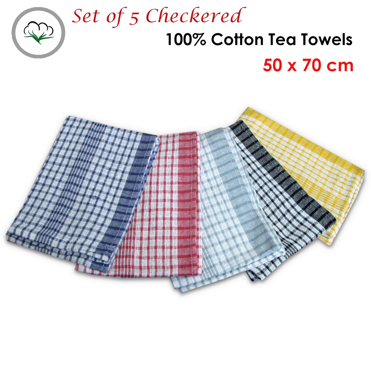 Hotel Living Checkered Set of 5 Cotton Tea Towels V442-ATX-TEAT-SETOF5CHECKERED-MULTI-RE