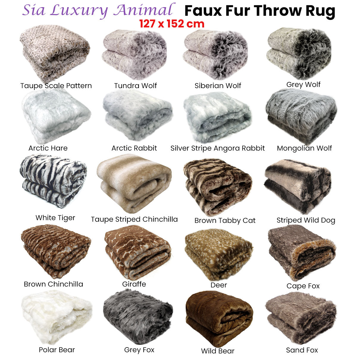 Sia Luxury Range Faux Fur Throw Rug 127 x 152 cm Mongolian Wolf V442-ATX-THROW-23SIAMONWOLF-GREY-RE