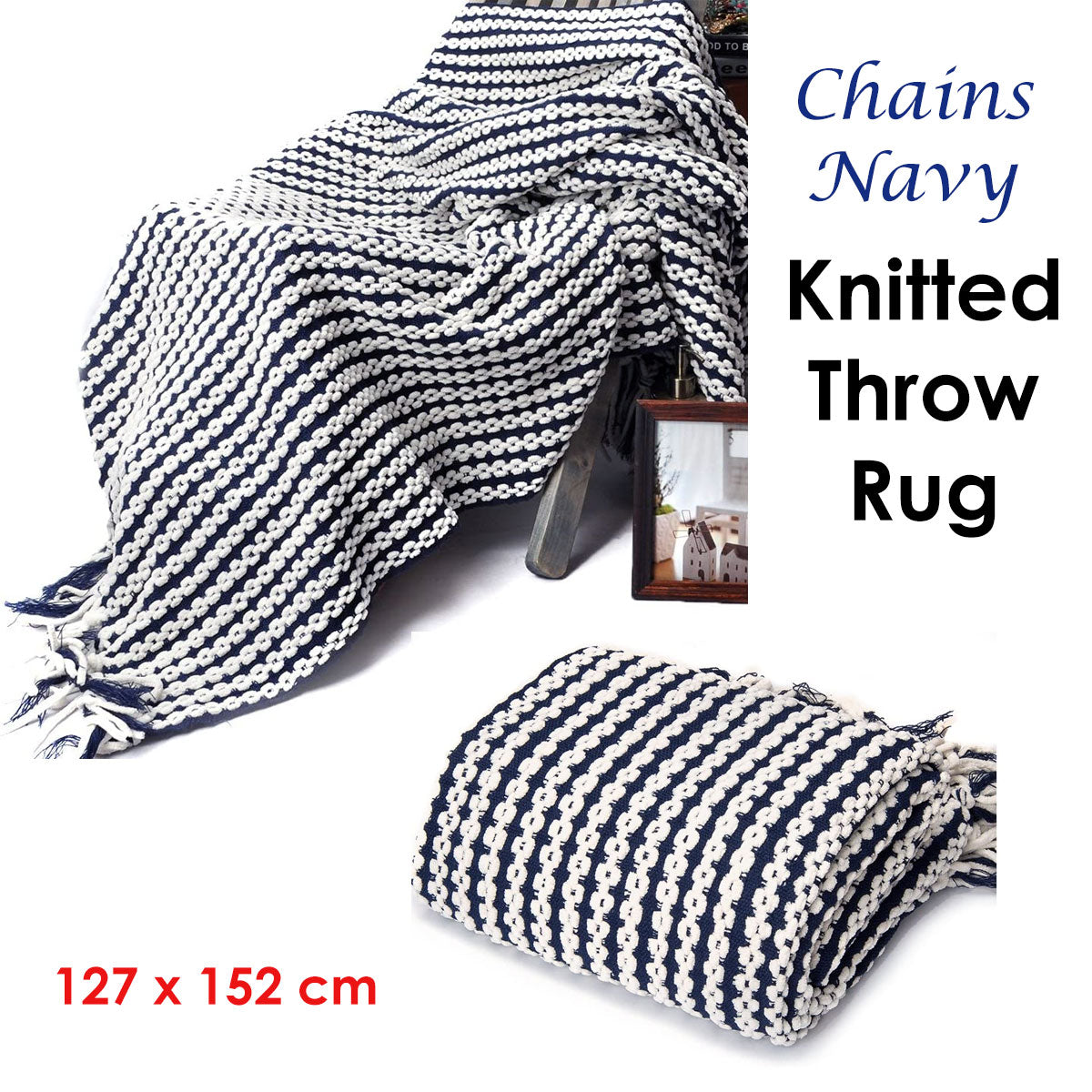 Chains Navy Knitted Throw Rug V442-ATX-THROW-CHAINS-NAVY-RE