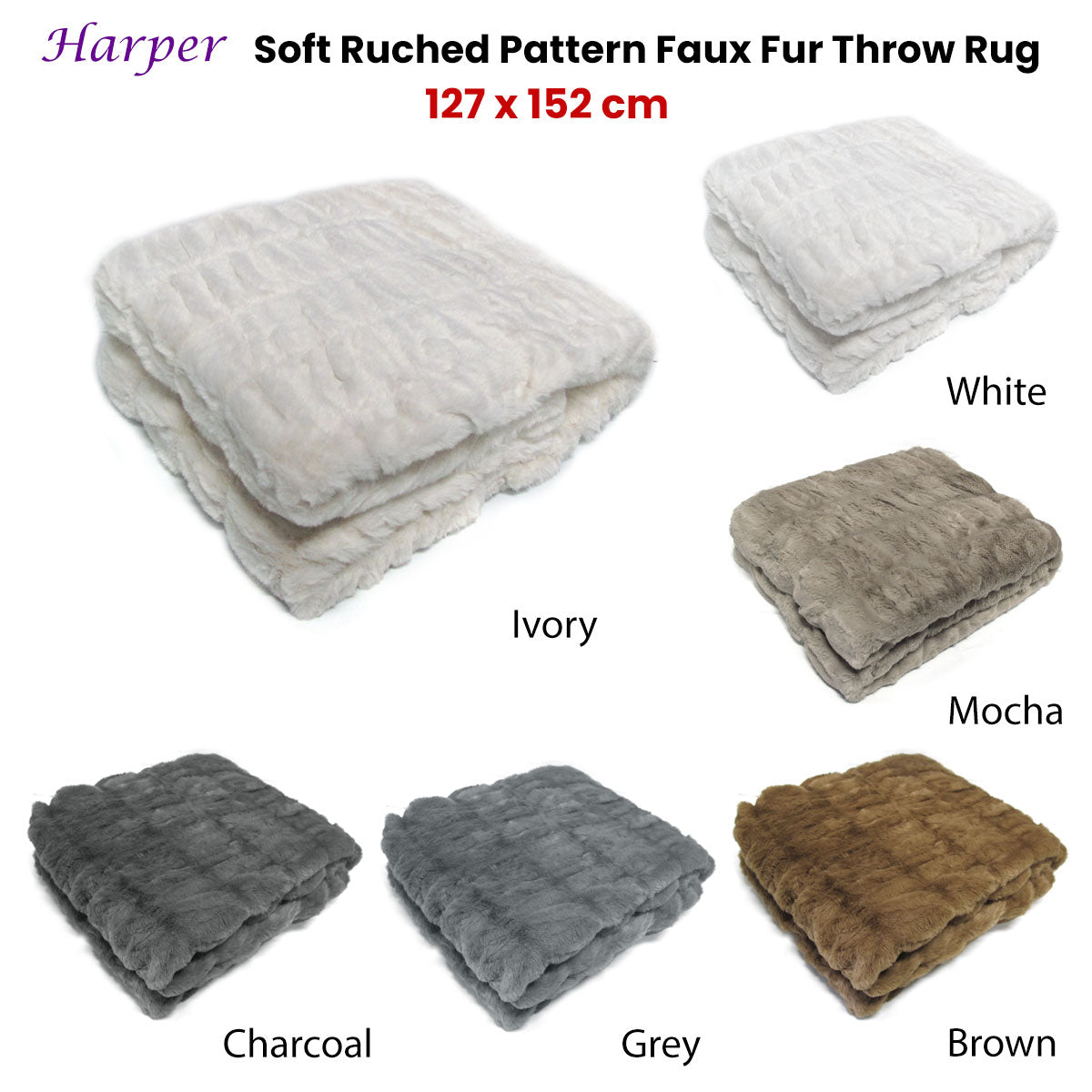 Harper Soft Ruched Pattern Faux Fur Throw Rug 127 x 152 cm Grey V442-ATX-THROW-HARPER-GREY-RE
