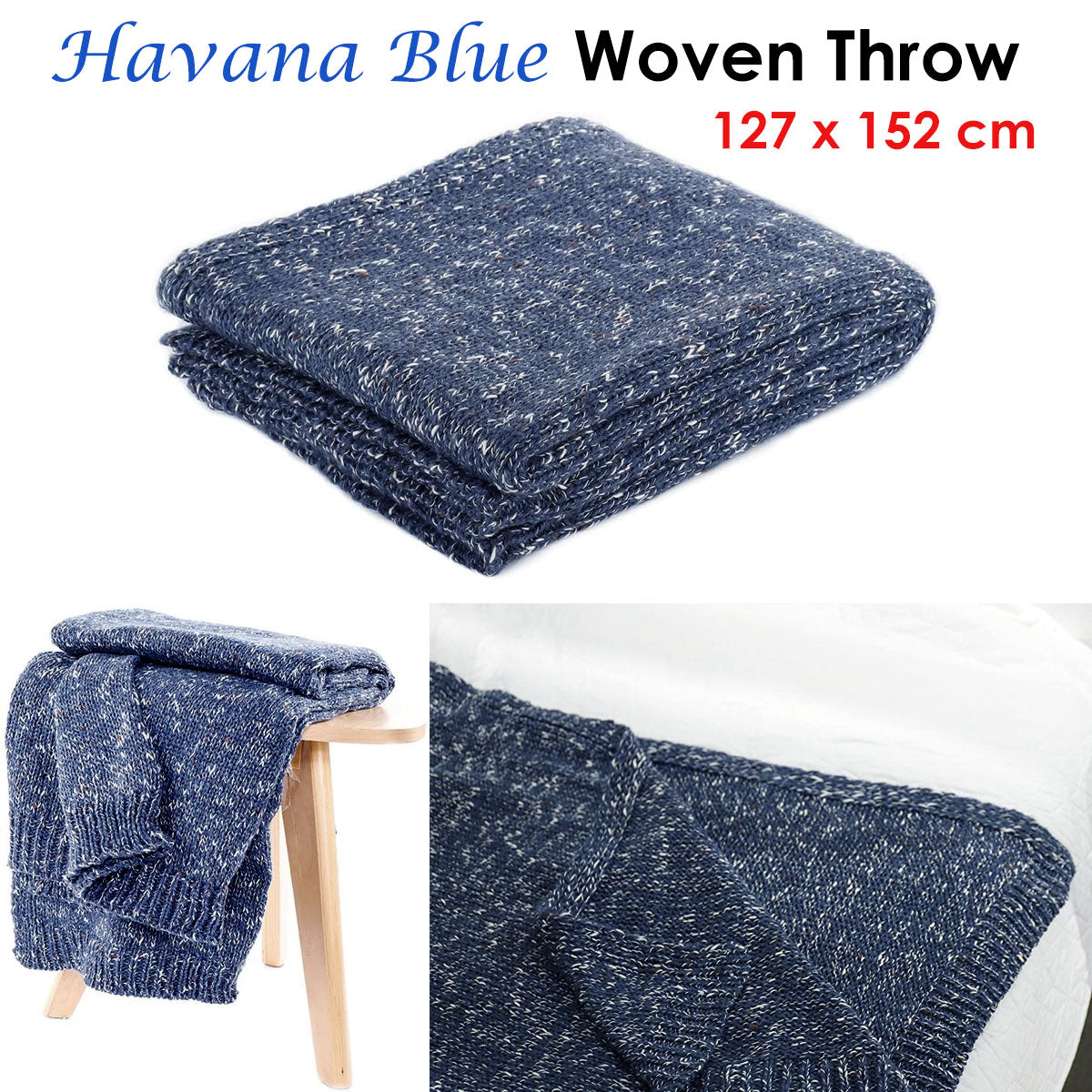 Havana Blue Woven Throw Rug 127 x 152 cm V442-ATX-THROW-HAVANA-BLUE-RE