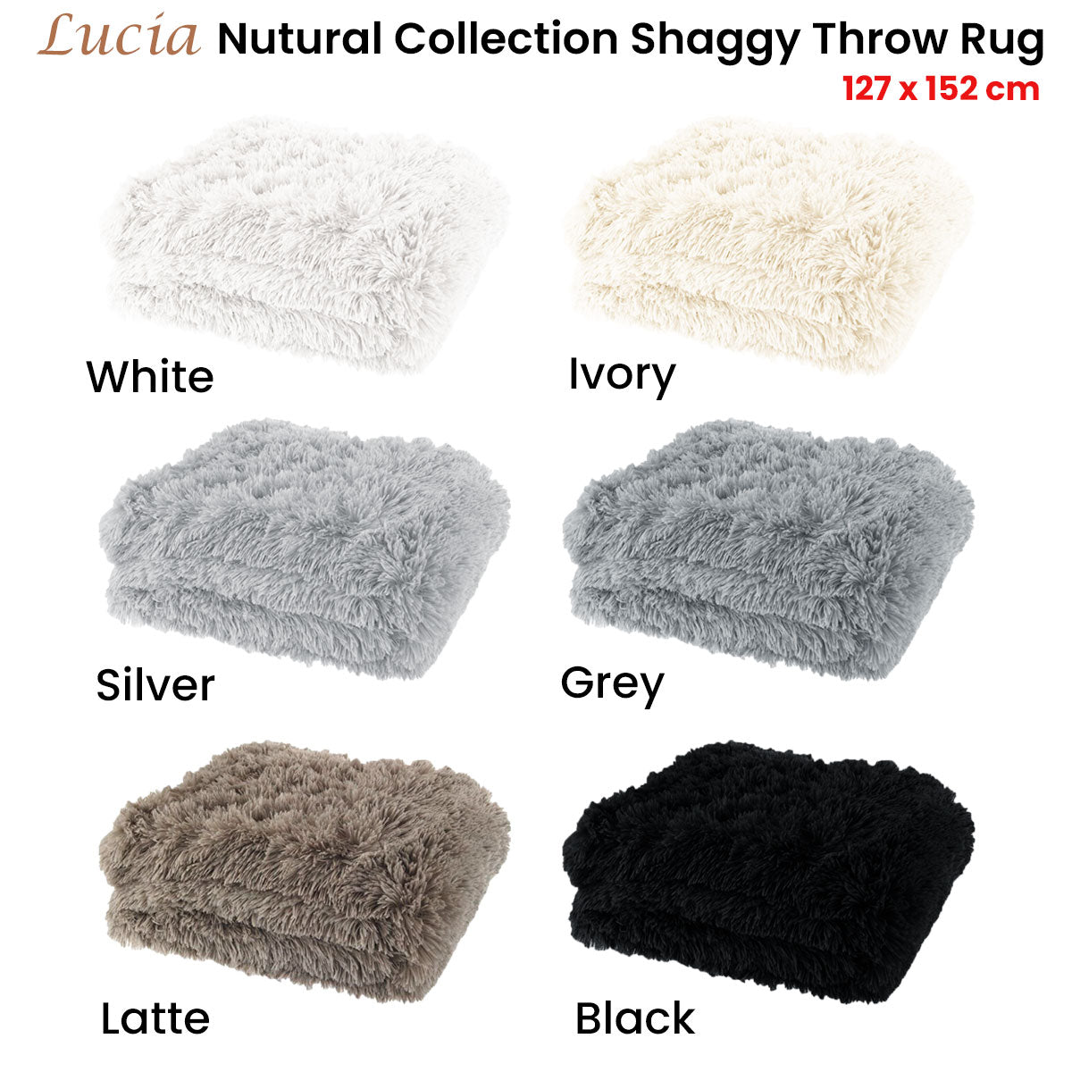 Lucia Nutural Collection Shaggy Throw Rug 127 x 152cm Grey V442-ATX-THROW-LUCIASHAGGY-GREY-RE