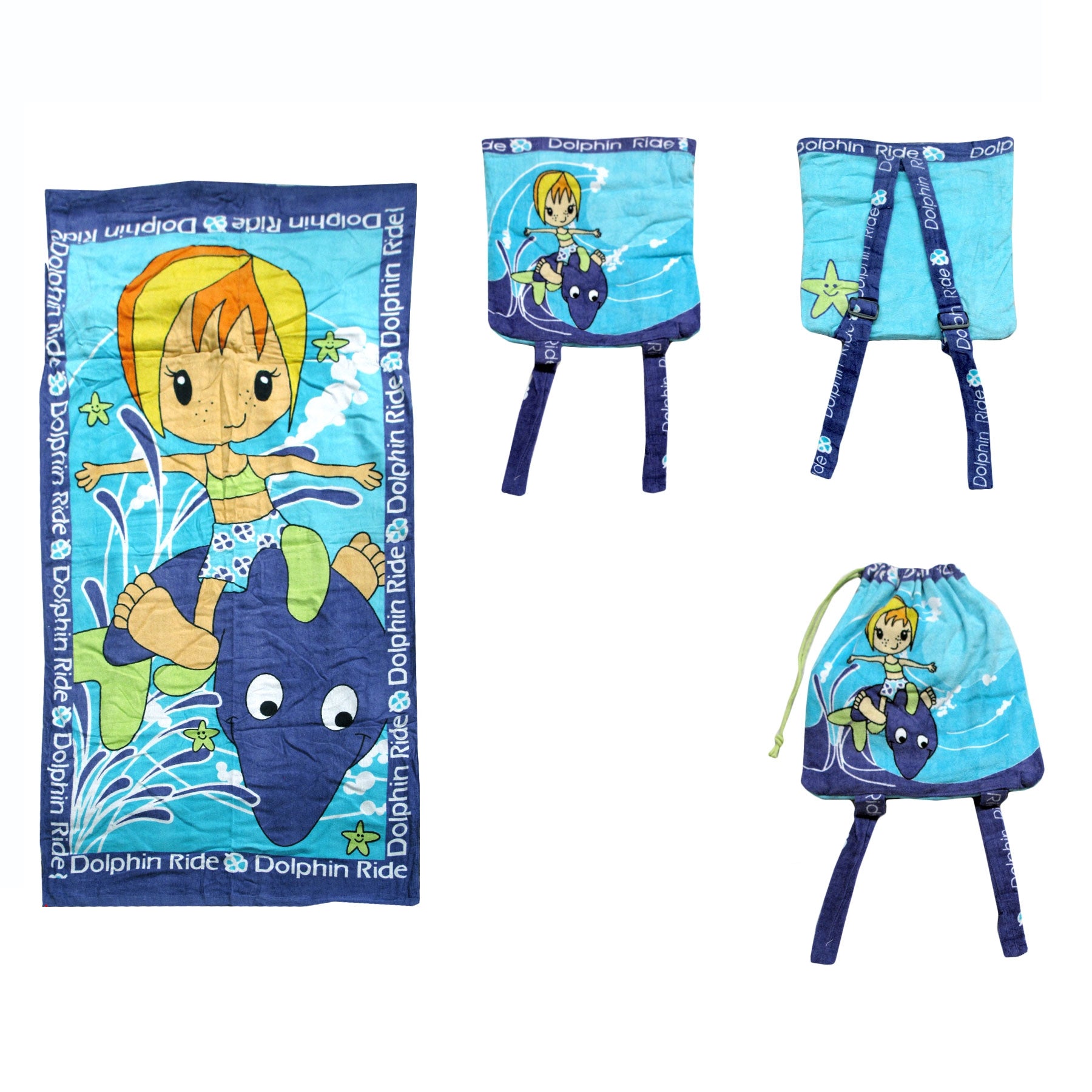 Kids Beach Towel N Bag Dolphin V442-ATX-TOWEL-2IN1DOLPHIN-BLUE-RE