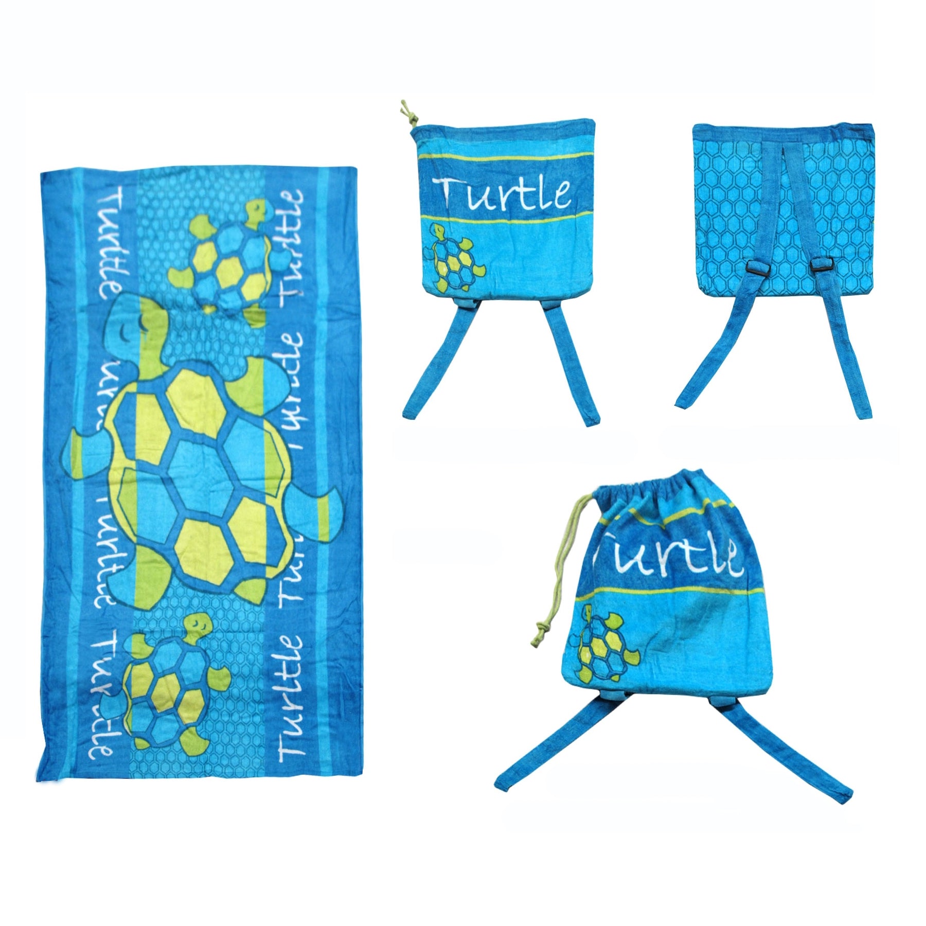 Kids Beach Towel N Bag Turtle V442-ATX-TOWEL-2IN1TURTLE-BLUE-RE