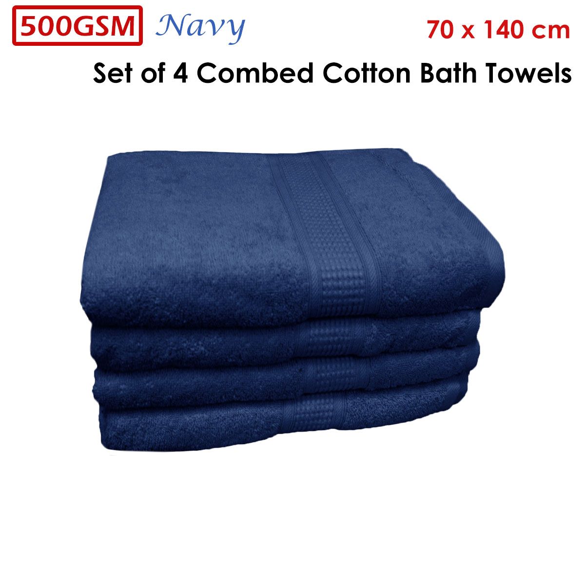 500GSM Set of 4 Combed Cotton Bath Towels Navy 70 x 140 cm V442-ATX-TOWEL-SETOF4500GSM-NAVY-RE